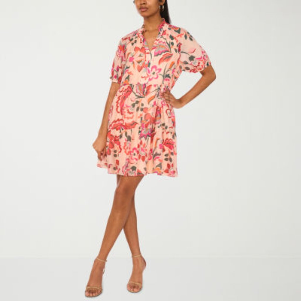 Peach Pink Floral Dress With Flounce Hem V Neck Size M